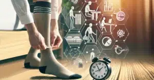 A person putting on socks symbolizes a productive day ahead, with icons representing daily tasks and an alarm clock highlighting time management.